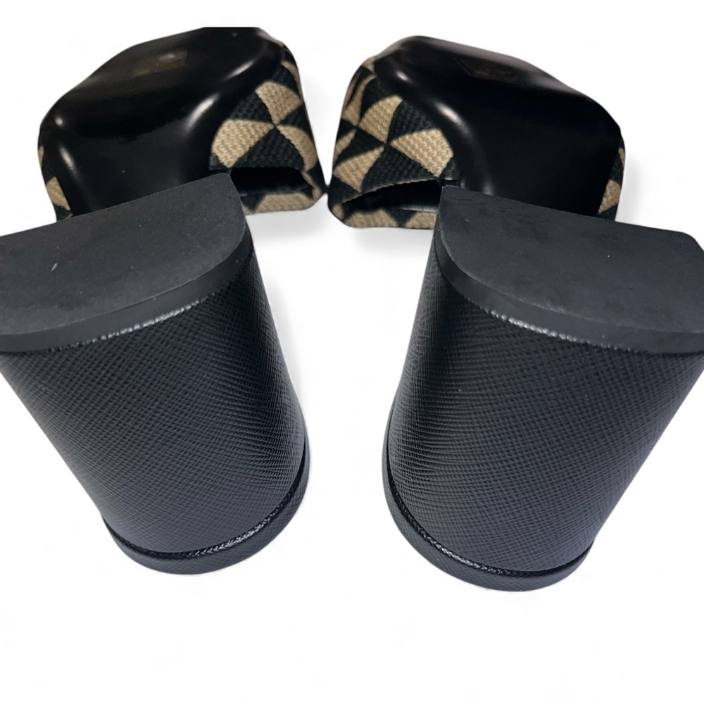 Prada Black Tan Slide Sandals Heeled Mules Jacquard Triangolo Open Toe 7.5 🟡 - Picture 9 of 13